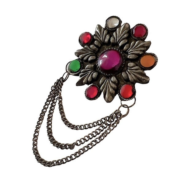 Vintage Colorful Flower Chain Brooch Pin - Picture 3 of 7
